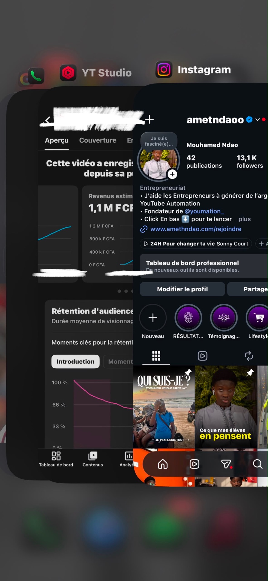 Ma chaîne : 1,1 M F CFA de revenus estimés et mon profil Instagram @ametndaoo