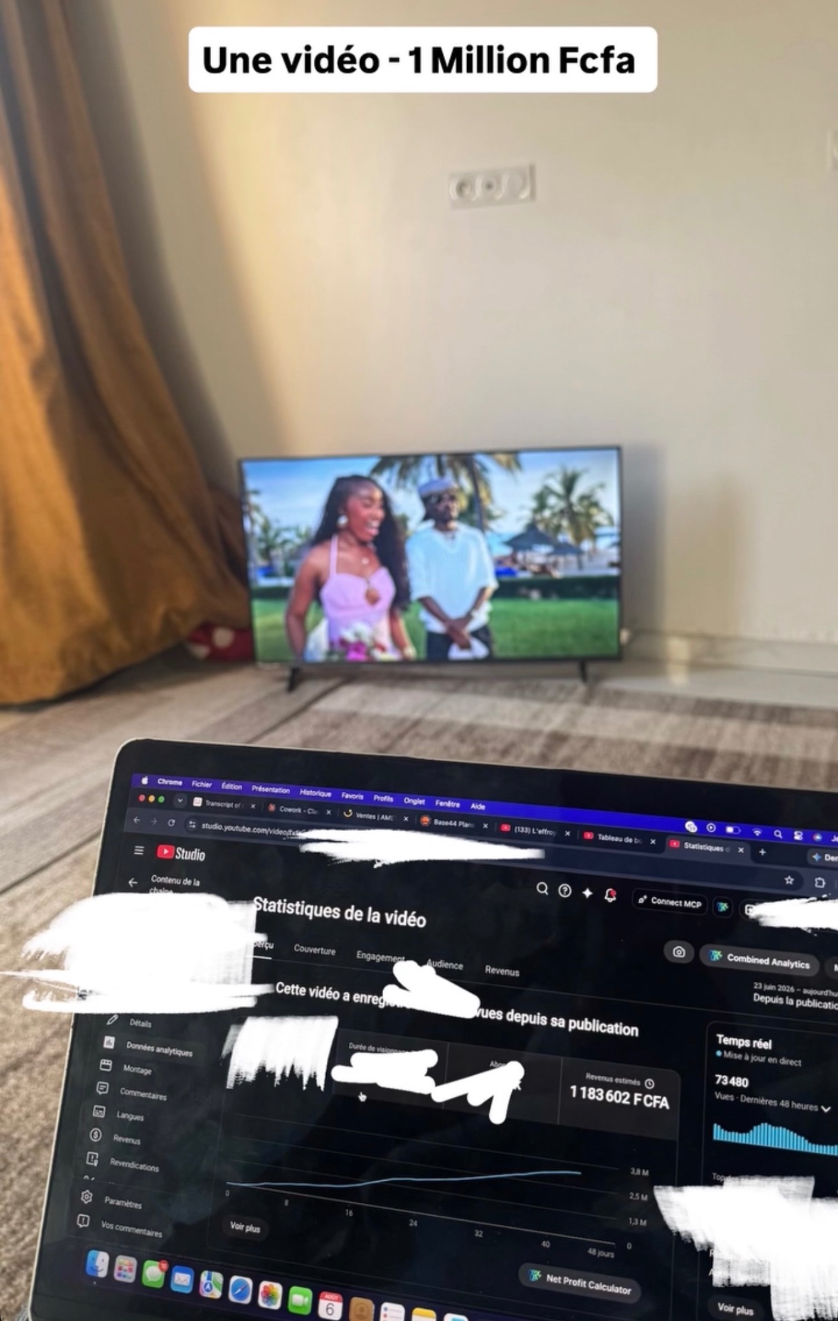 Une seule vidéo à 1 183 602 F CFA de revenus estimés dans YouTube Studio