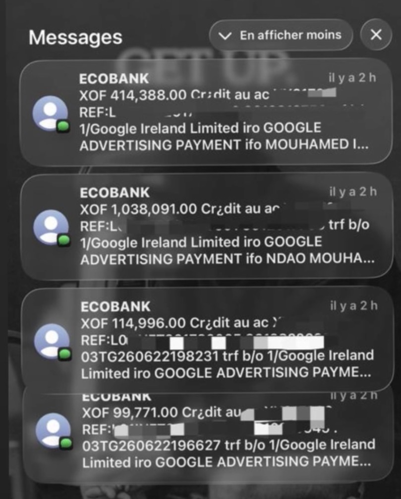 Virements Google Ireland reçus : 414 388, 1 038 091, 114 996 et 99 771 F CFA