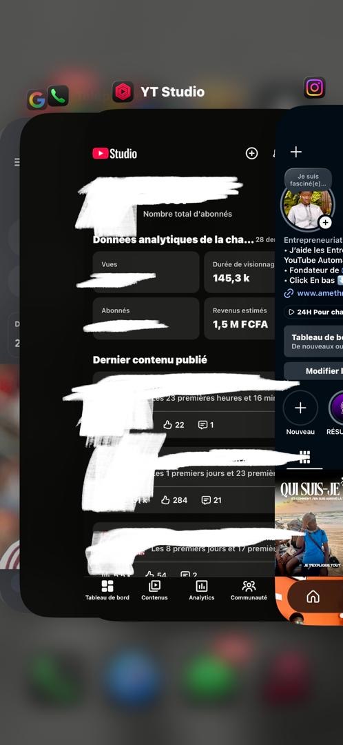 Ma chaîne : 1,5 M F CFA de revenus estimés sur 28 jours dans YouTube Studio