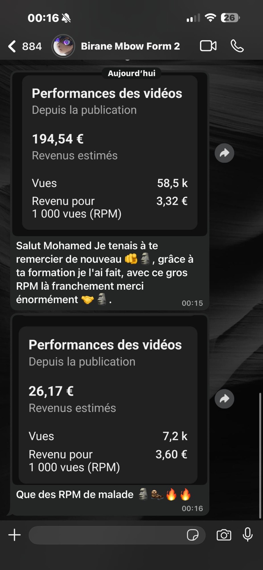 Messages d'élève : 194,54 € de revenus pour 58,5 k vues, RPM de 3,32 €