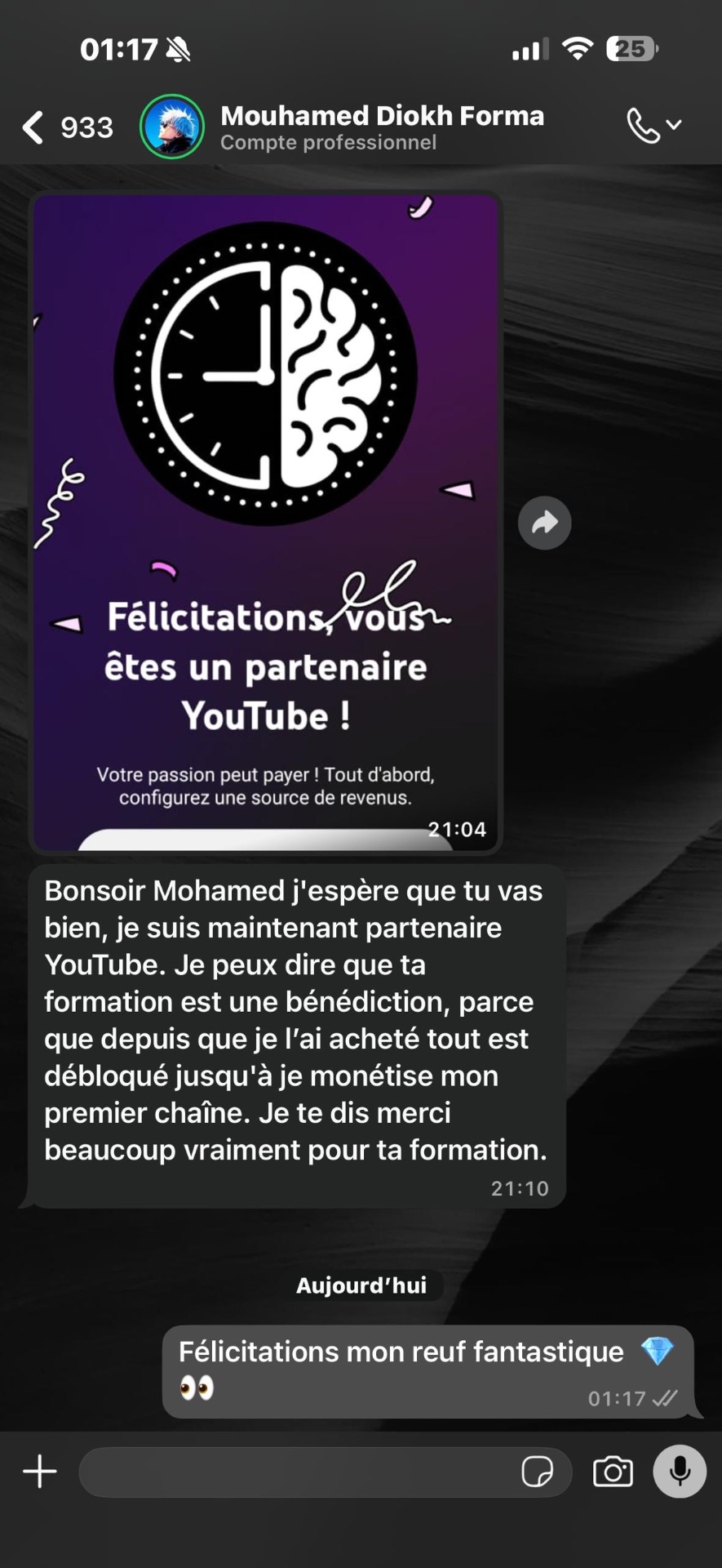 Élève devenu partenaire YouTube et monétisé grâce à la formation