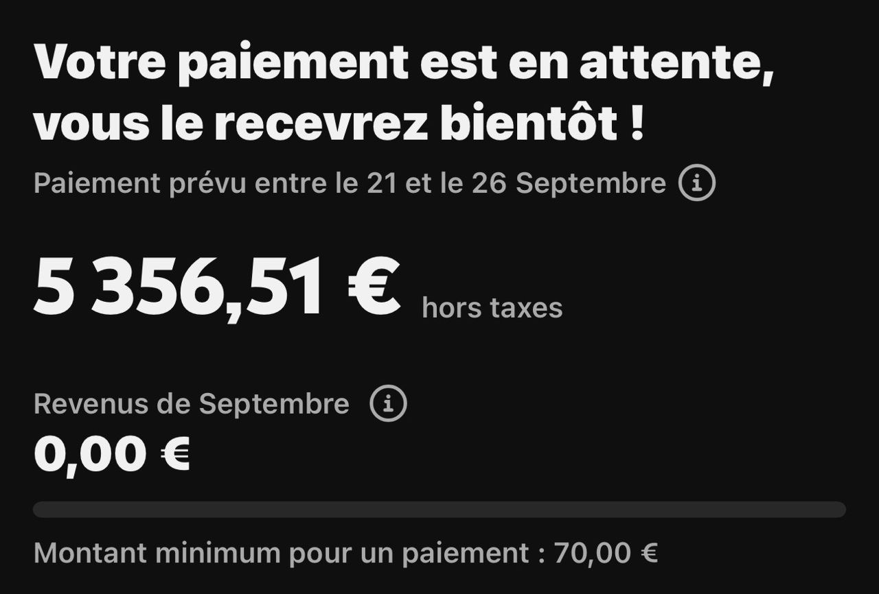 Paiement YouTube en attente de 5 356,51 € hors taxes