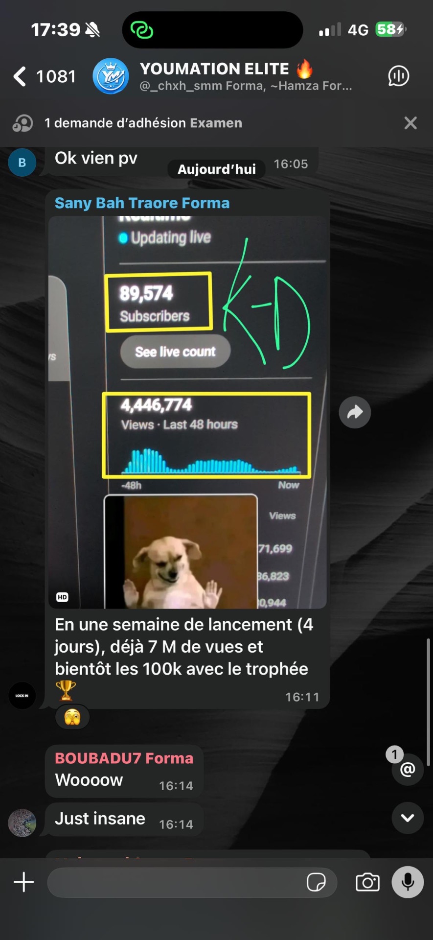 Élève à 89 574 abonnés et 4,4 M de vues en 48 h, 7 M de vues en une semaine