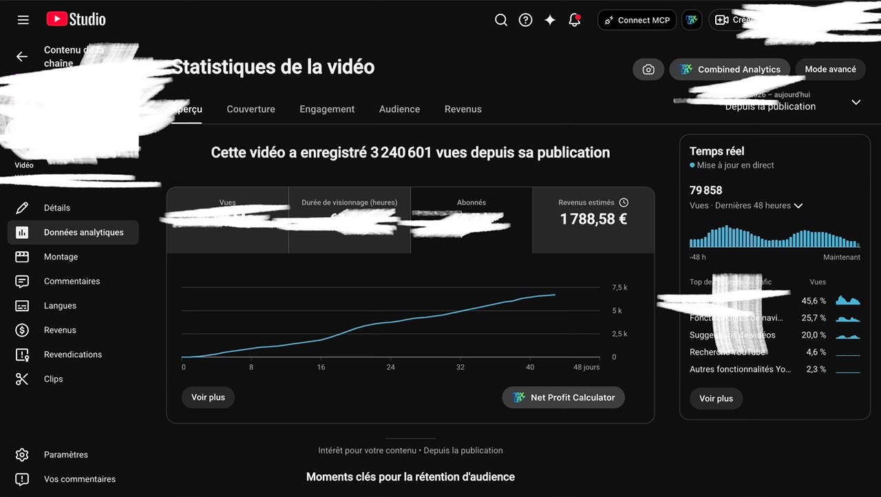 Statistiques YouTube Studio : 3 240 601 vues et 1 788,58 € de revenus estimés